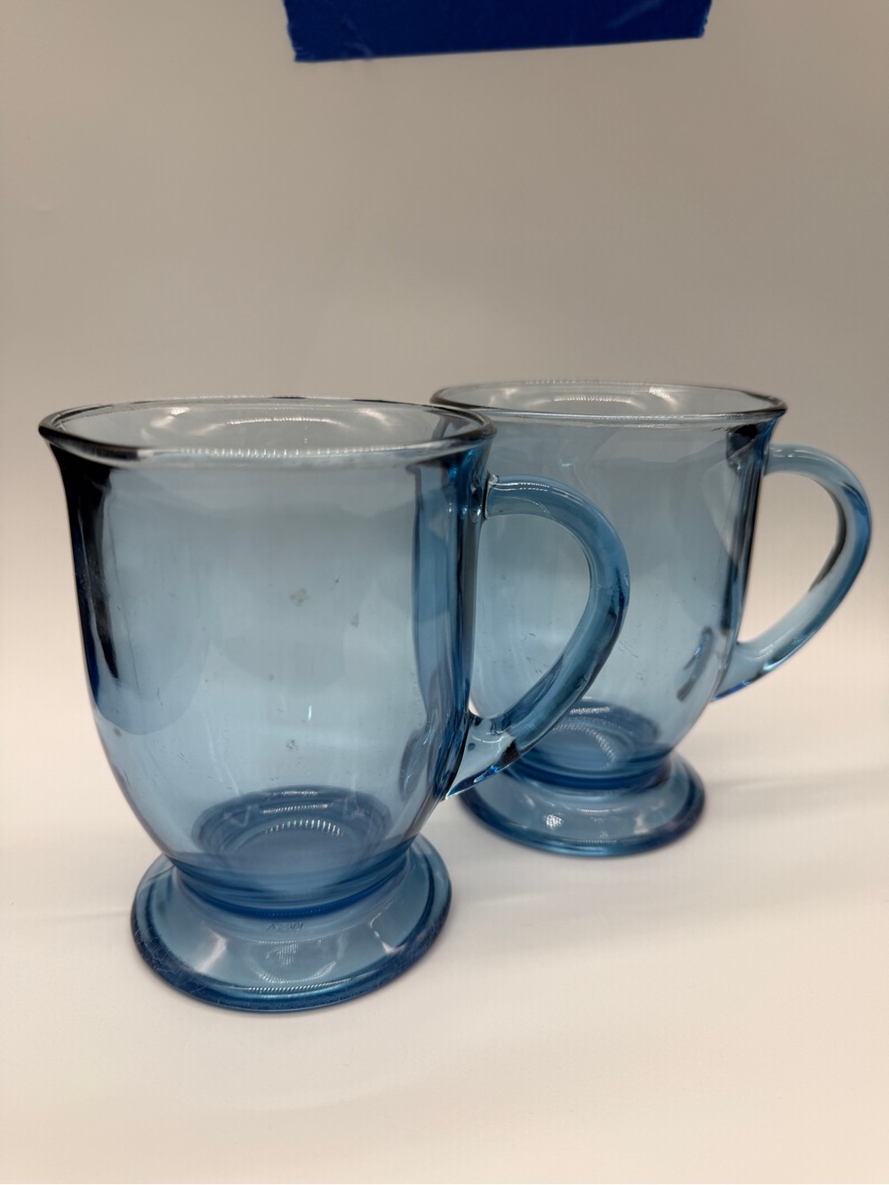 Vintage Anchor Hocking Cafe Mugs Denim Blue Glass Footed,  Set of 2